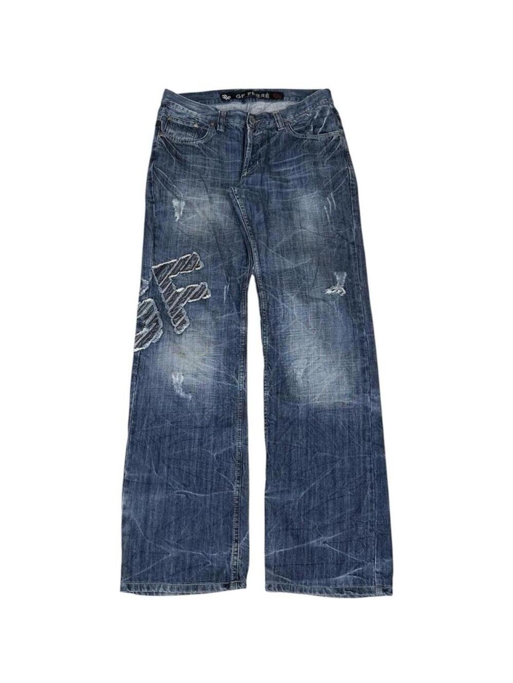 Vintage GF FERRE unique denim jeans leather work on back